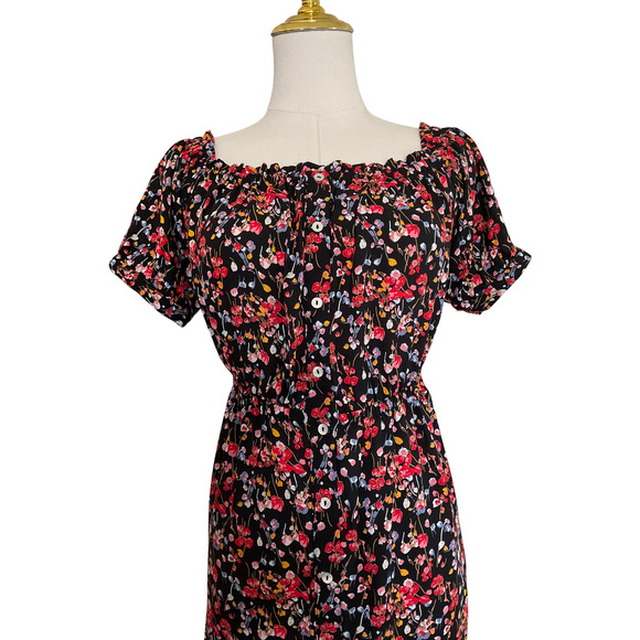 Forever 21 Women's Small Floral  Black Red Dress Off-Shoulder Short Sleeve - Picture 9 of 13